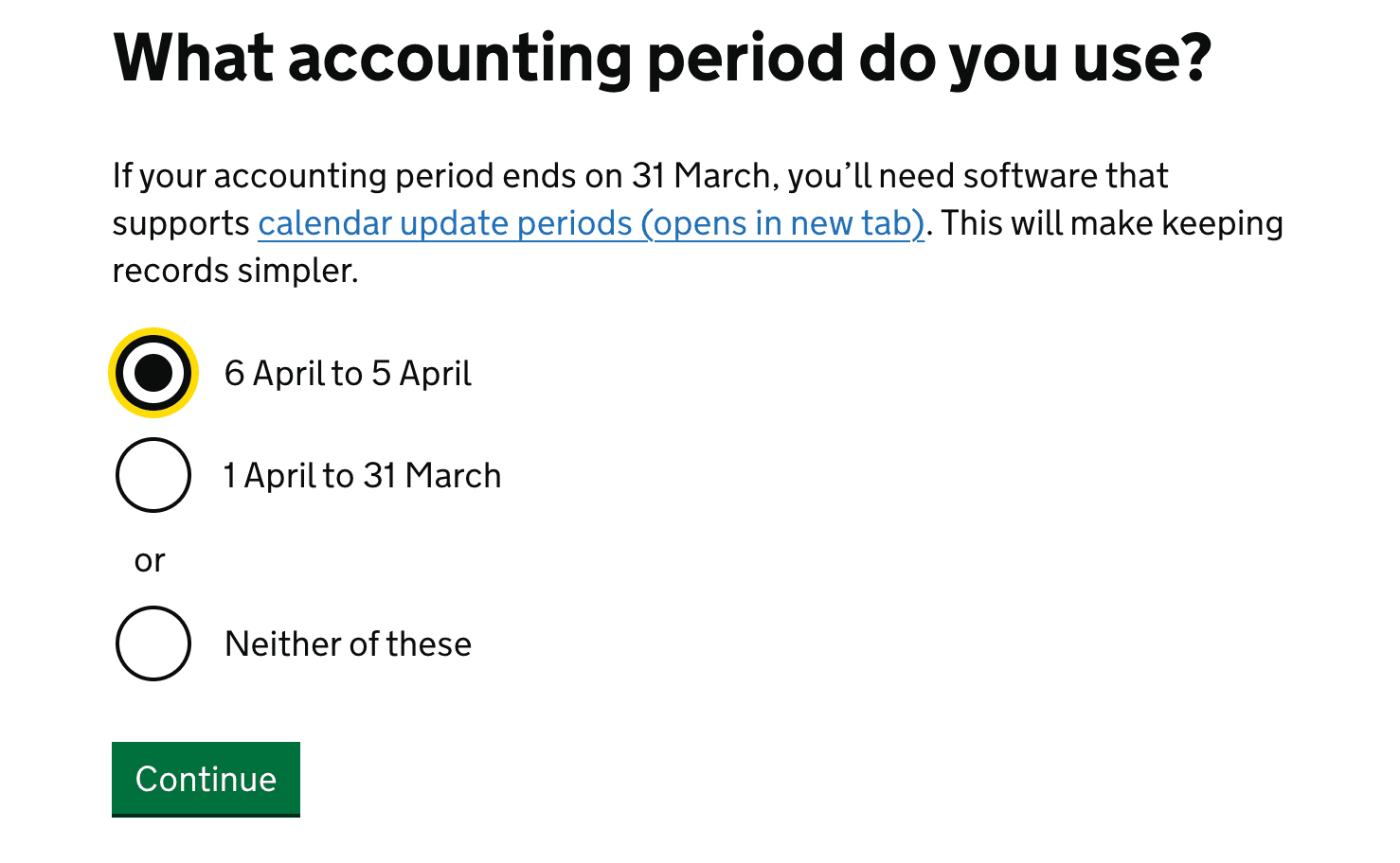 HMRC finder tool accounting period selection, tax year or custom accounting period